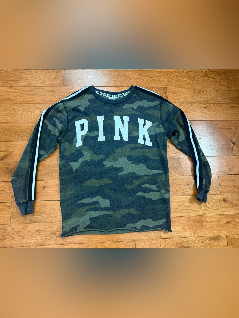 PINK Victoria’s Secret Foil Trim Logo Camo Crewneck Sweatshirt
